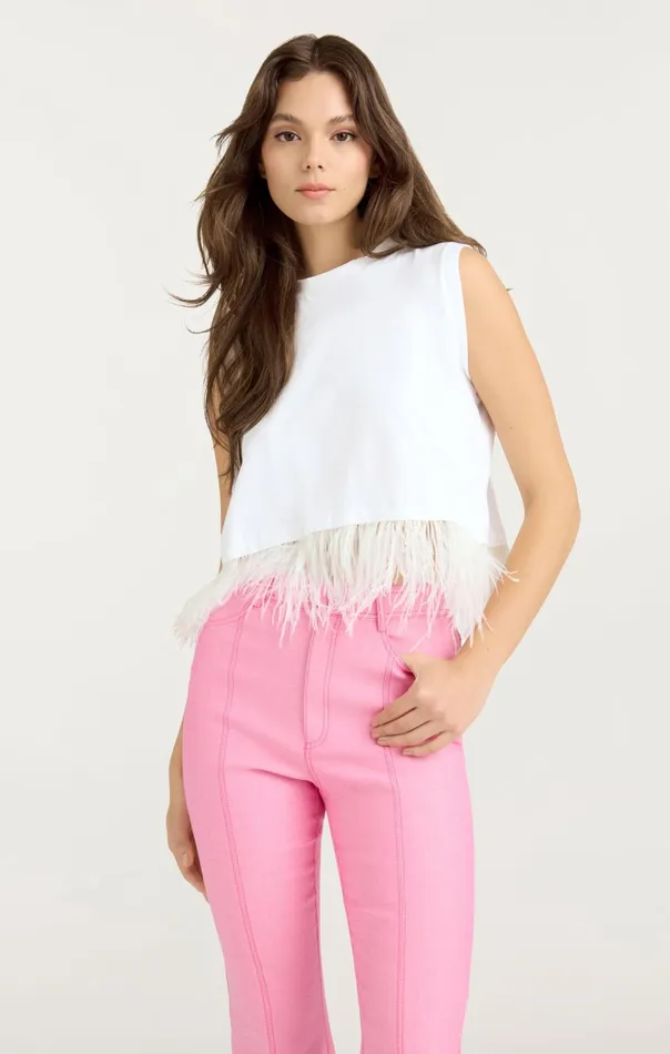 Women Cinq Sept Tops Cropped Feather Tee White