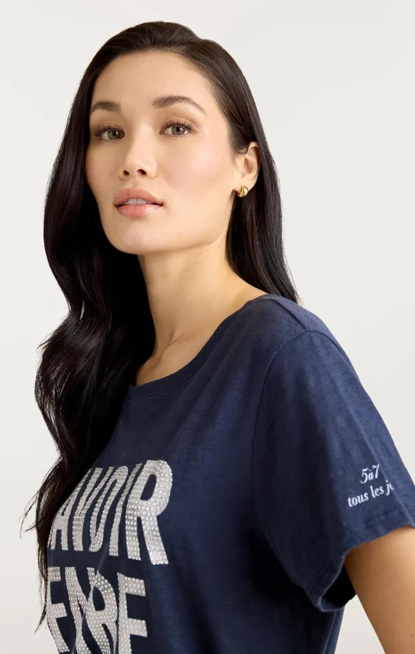 Women Cinq Sept Tops Rhinestone Savoir Faire Tee Navywhite