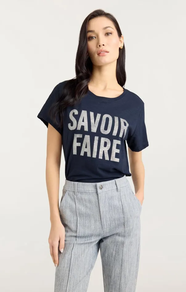 Women Cinq Sept Tops Rhinestone Savoir Faire Tee Navywhite