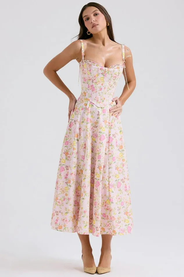 Women Clarabelle Pink Meadow Print Cotton Midi Sundress House Of CB Dresses