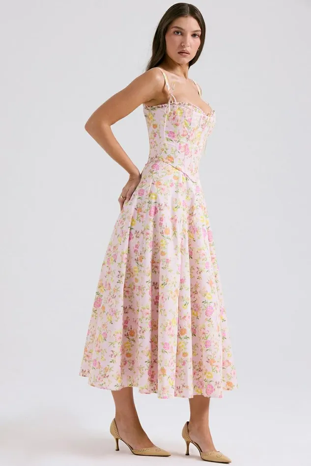 Women Clarabelle Pink Meadow Print Cotton Midi Sundress House Of CB Dresses
