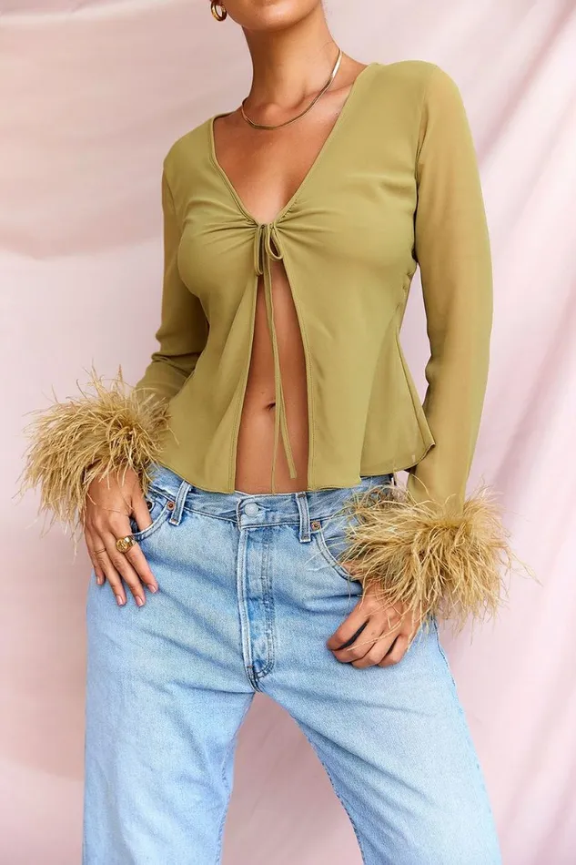 Women Claudia Olive Trimmed Top House Of CB Tops Women Claudia Olive Trimmed Top House Of CB Tops