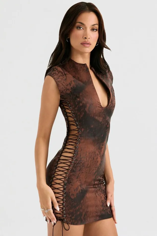 Women Daphne Antique Copper Lace Up Mini Dress House Of CB Dresses