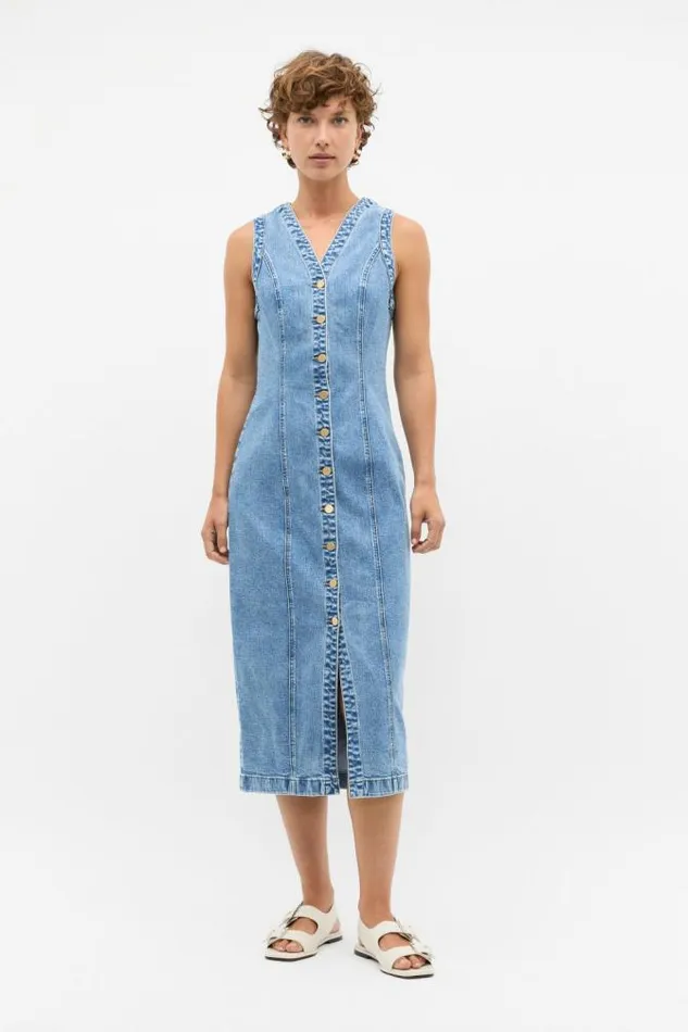 Women Denim Seed Heritage Denim Button Through Midi Dress Mist Blue Wash