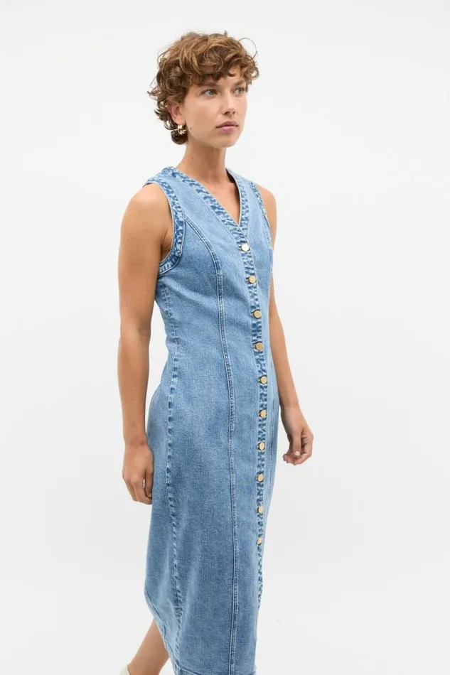 Women Denim Seed Heritage Denim Button Through Midi Dress Mist Blue Wash