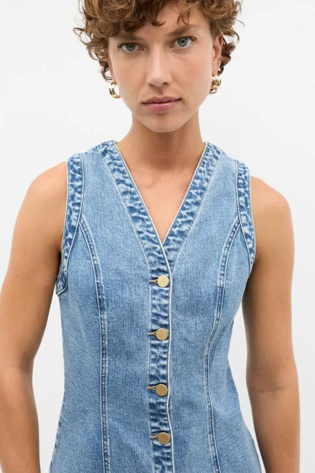 Women Denim Seed Heritage Denim Button Through Midi Dress Mist Blue Wash