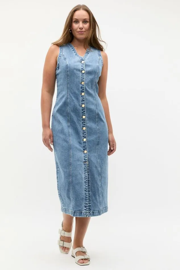Women Denim Seed Heritage Denim Button Through Midi Dress Mist Blue Wash