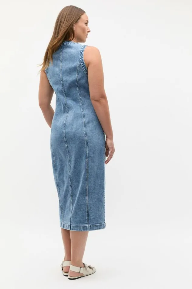 Women Denim Seed Heritage Denim Button Through Midi Dress Mist Blue Wash
