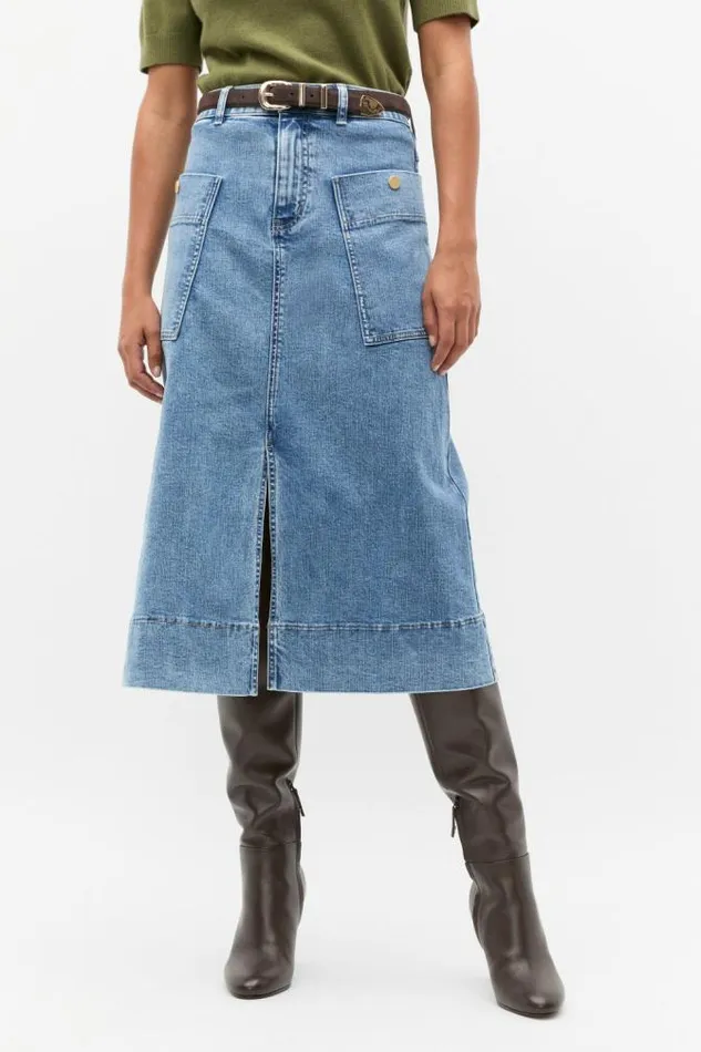 Women Denim Seed Heritage Denim Midi A Line Skirt Mist Blue Wash