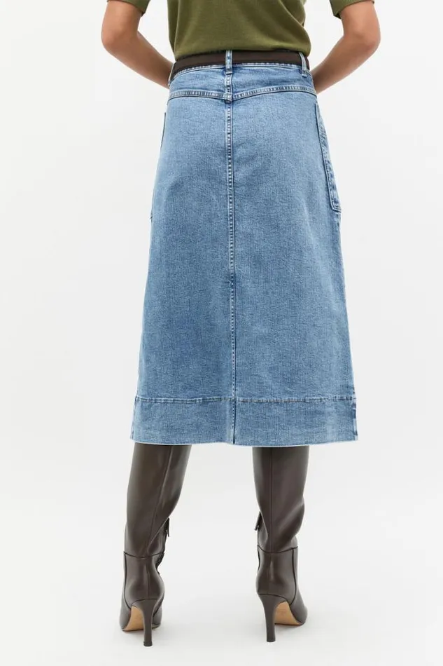 Women Denim Seed Heritage Denim Midi A Line Skirt Mist Blue Wash
