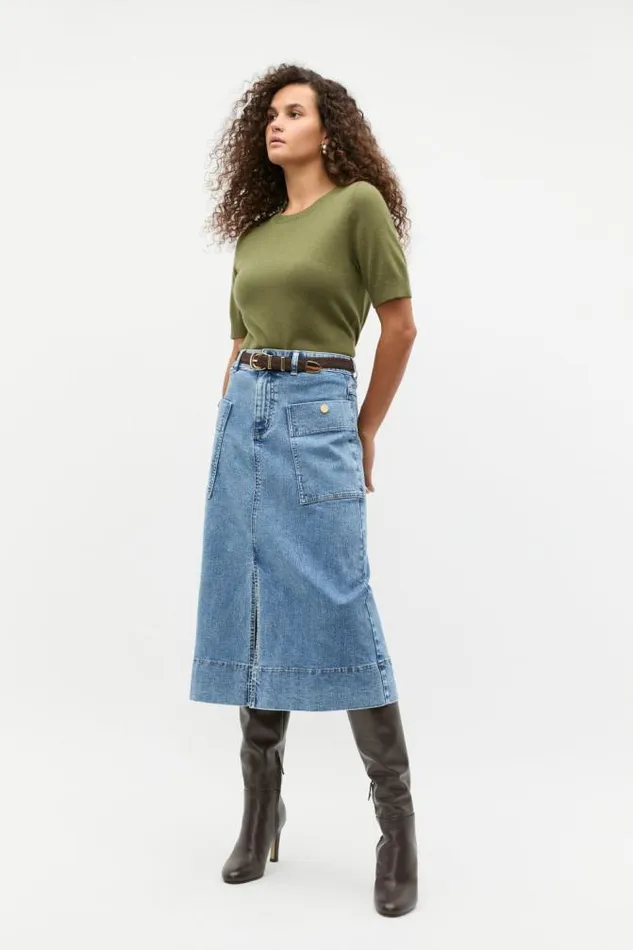 Women Denim Seed Heritage Denim Midi A Line Skirt Mist Blue Wash