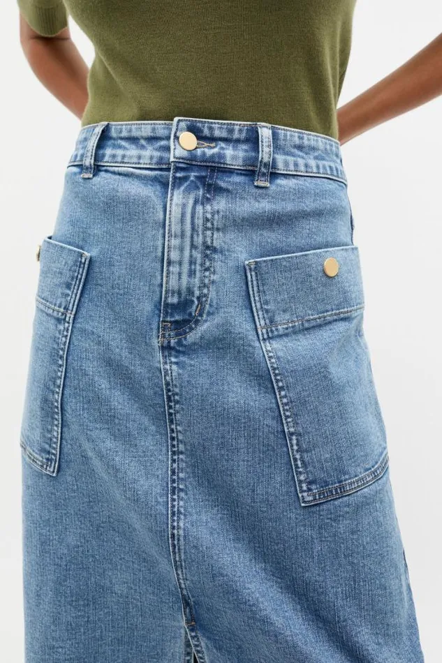 Women Denim Seed Heritage Denim Midi A Line Skirt Mist Blue Wash