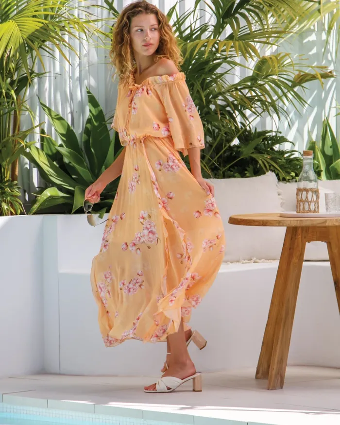 Women Dresses Belle and Bloom Amour Amour Ruffled Midi Dress 8211 Peach Peonies Women Dresses Belle and Bloom Amour Amour Ruffled Midi Dress 8211 Peach Peonies
