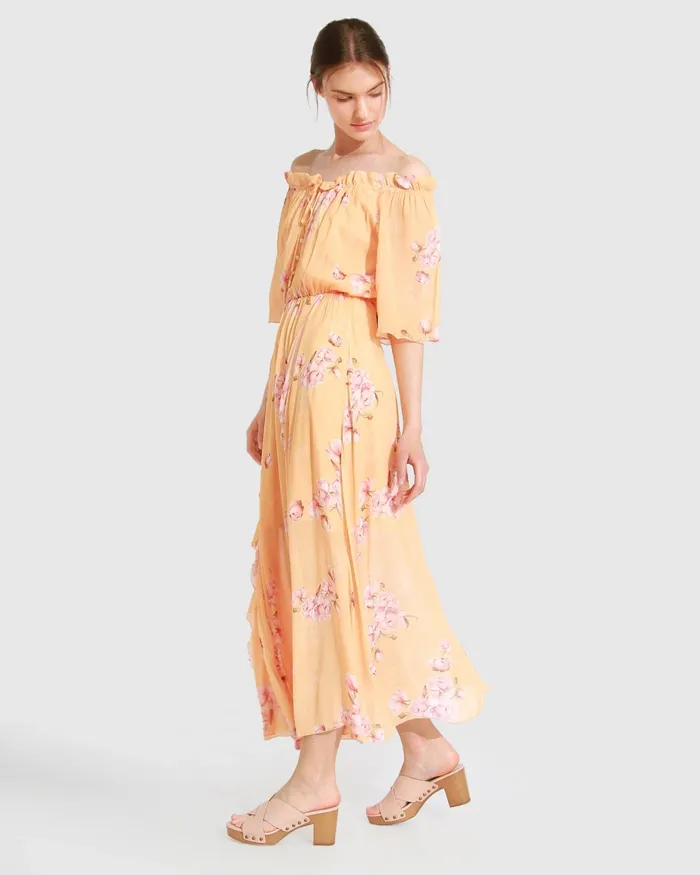 Women Dresses Belle and Bloom Amour Amour Ruffled Midi Dress 8211 Peach Peonies