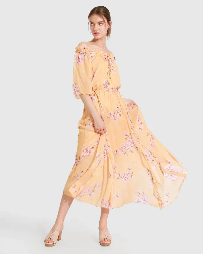 Women Dresses Belle and Bloom Amour Amour Ruffled Midi Dress 8211 Peach Peonies