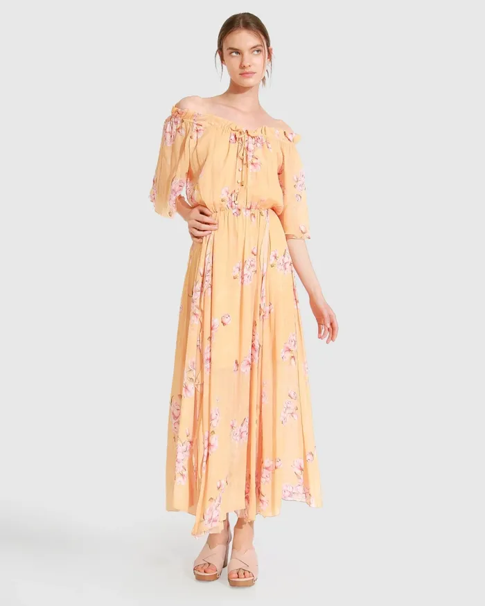 Women Dresses Belle and Bloom Amour Amour Ruffled Midi Dress 8211 Peach Peonies