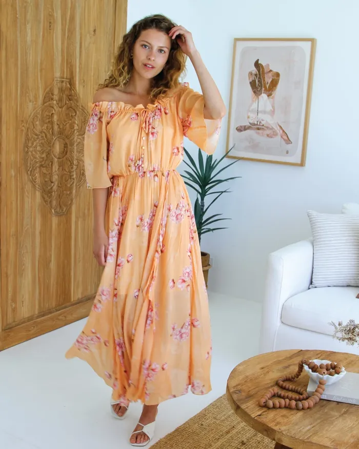 Women Dresses Belle and Bloom Amour Amour Ruffled Midi Dress 8211 Peach Peonies