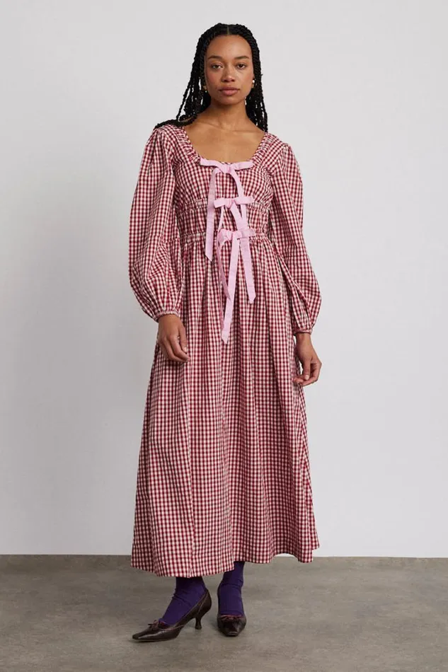 Women Dresses Damson Madder Dakota Bow Midi Dress 8211 Red Gingham