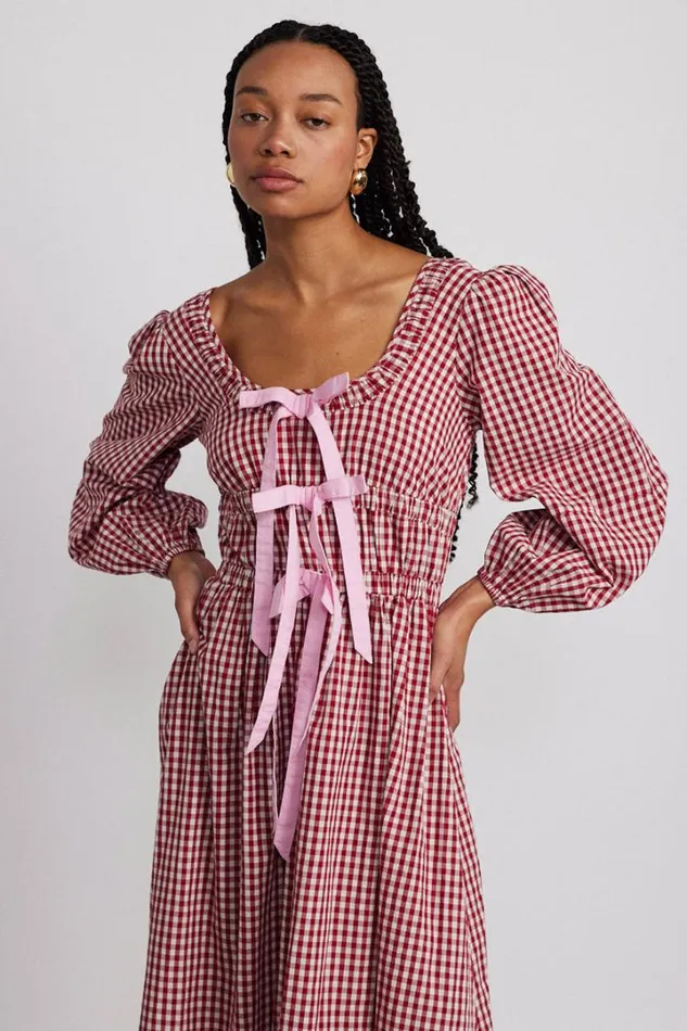 Women Dresses Damson Madder Dakota Bow Midi Dress 8211 Red Gingham