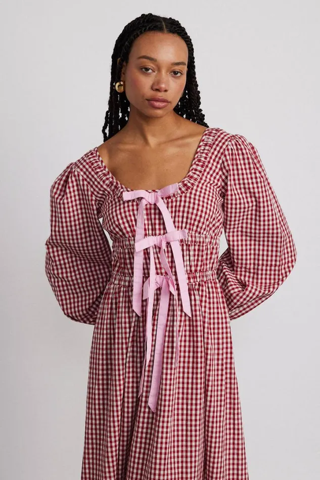 Women Dresses Damson Madder Dakota Bow Midi Dress 8211 Red Gingham