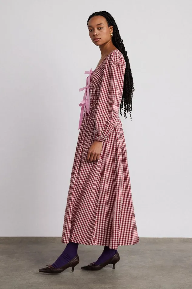 Women Dresses Damson Madder Dakota Bow Midi Dress 8211 Red Gingham