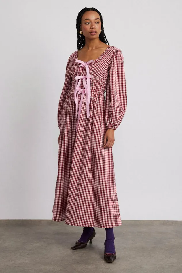 Women Dresses Damson Madder Dakota Bow Midi Dress 8211 Red Gingham