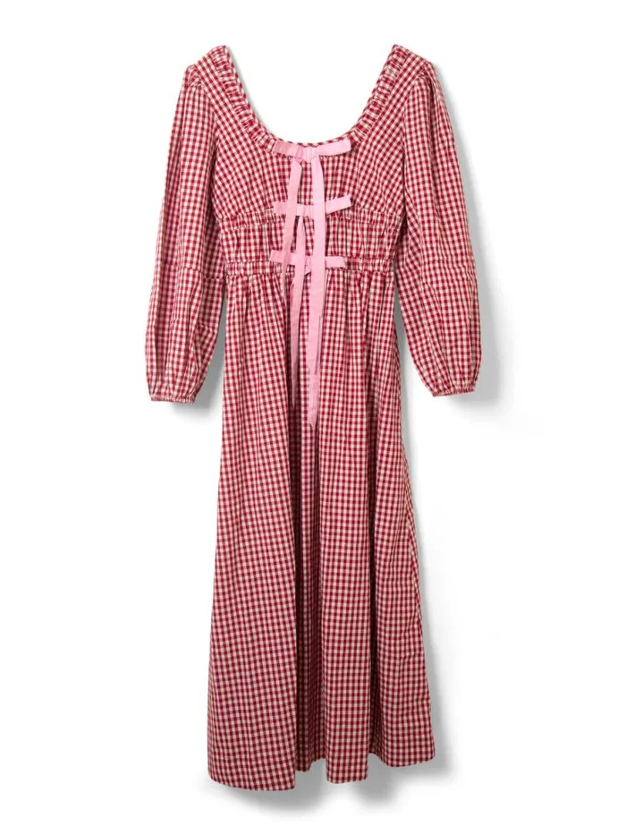 Women Dresses Damson Madder Dakota Bow Midi Dress 8211 Red Gingham