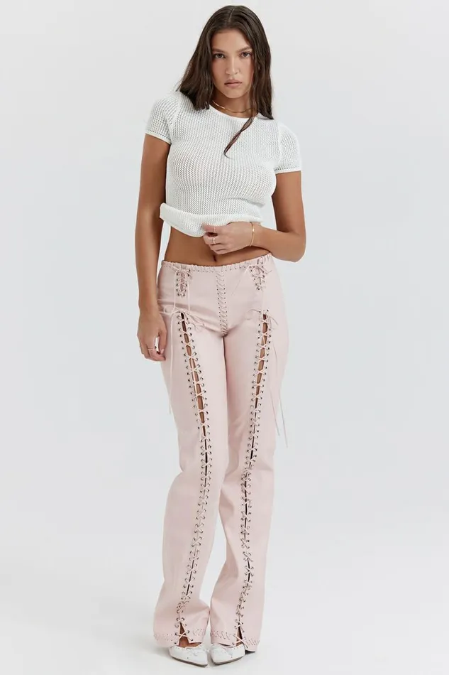 Women Elliot Peach Vegan Leather Lace Up Trousers House Of CB Bottoms