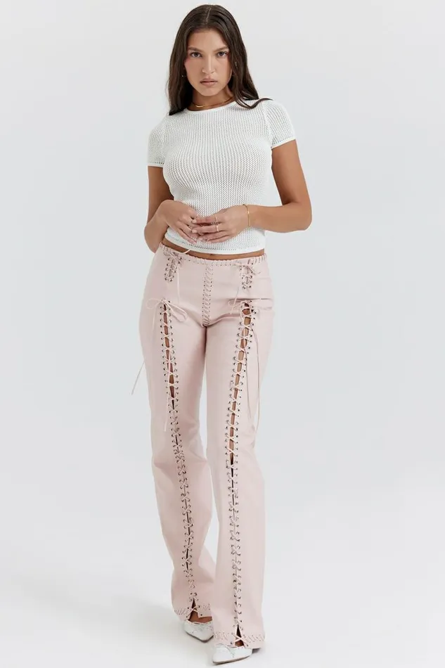 Women Elliot Peach Vegan Leather Lace Up Trousers House Of CB Bottoms