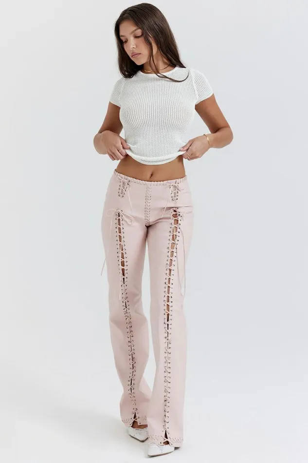 Women Elliot Peach Vegan Leather Lace Up Trousers House Of CB Bottoms