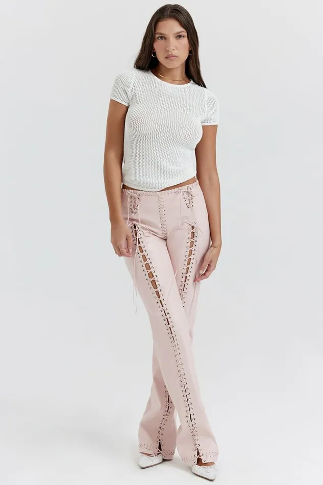 Women Elliot Peach Vegan Leather Lace Up Trousers House Of CB Bottoms