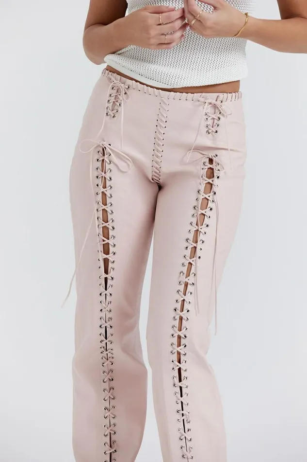 Women Elliot Peach Vegan Leather Lace Up Trousers House Of CB Bottoms