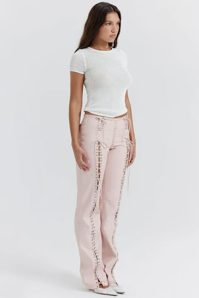 Women Elliot Peach Vegan Leather Lace Up Trousers House Of CB Bottoms