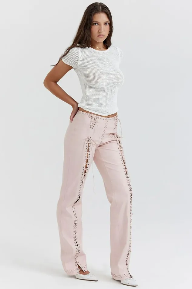 Women Elliot Peach Vegan Leather Lace Up Trousers House Of CB Bottoms