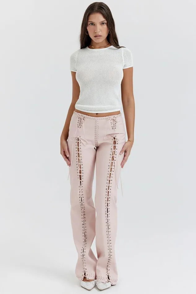 Women Elliot Peach Vegan Leather Lace Up Trousers House Of CB Bottoms