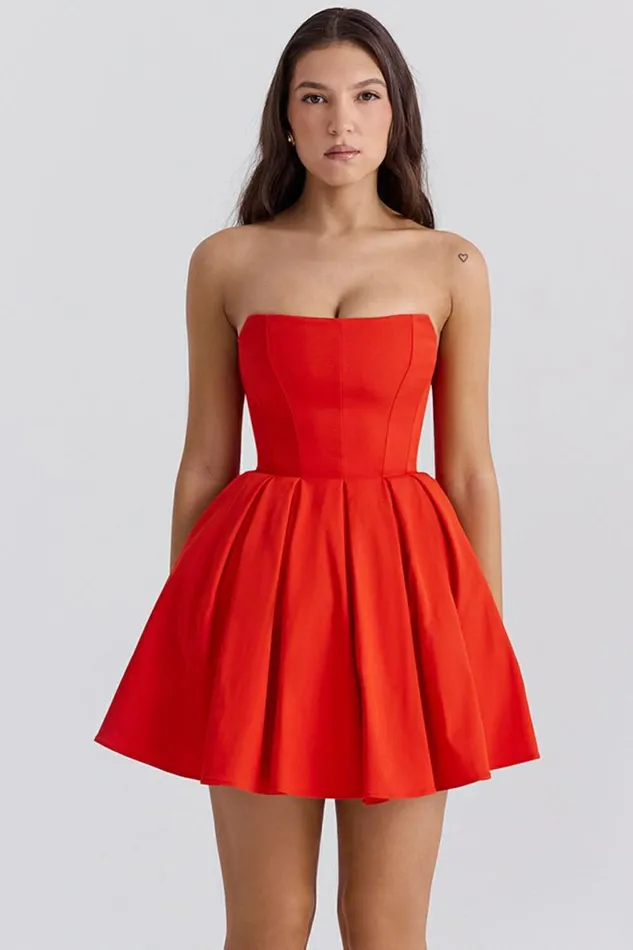Women Emmanuela Italian Tomato Strapless Pleated Mini Dress House Of CB Dresses