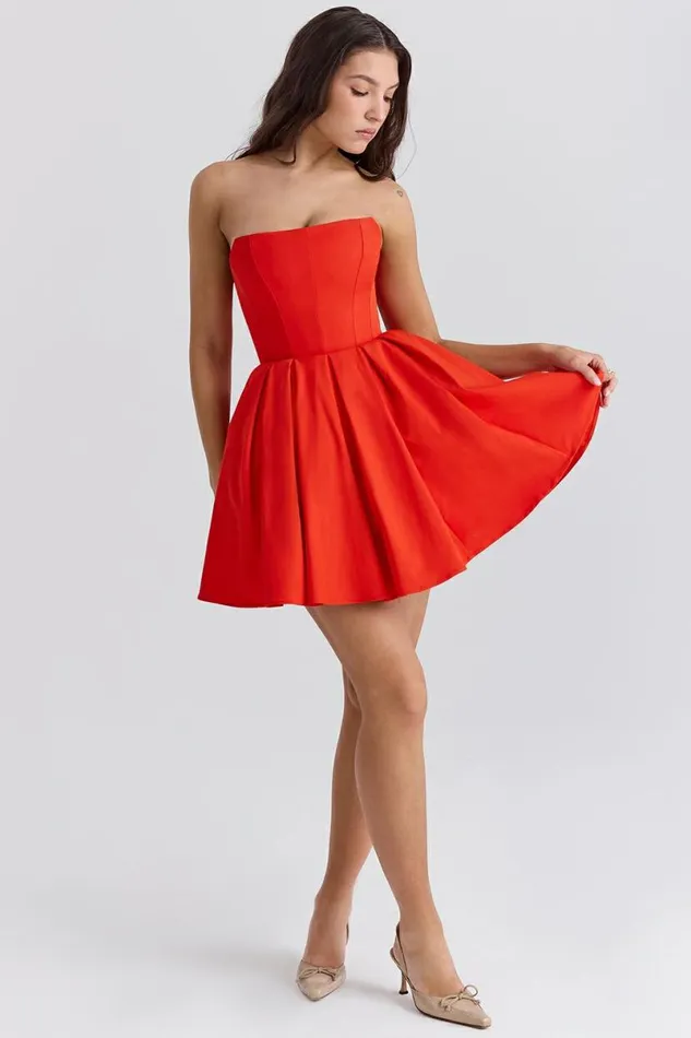 Women Emmanuela Italian Tomato Strapless Pleated Mini Dress House Of CB Dresses Women Emmanuela Italian Tomato Strapless Pleated Mini Dress House Of CB Dresses