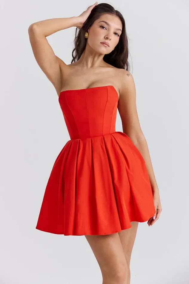 Women Emmanuela Italian Tomato Strapless Pleated Mini Dress House Of CB Dresses Women Emmanuela Italian Tomato Strapless Pleated Mini Dress House Of CB Dresses