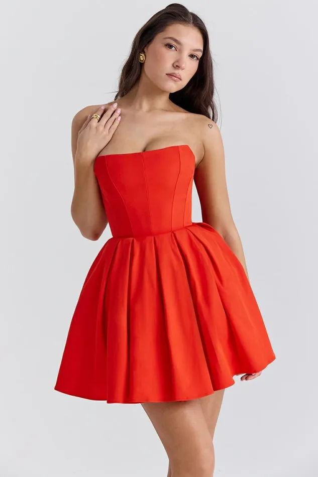 Women Emmanuela Italian Tomato Strapless Pleated Mini Dress House Of CB Dresses Women Emmanuela Italian Tomato Strapless Pleated Mini Dress House Of CB Dresses