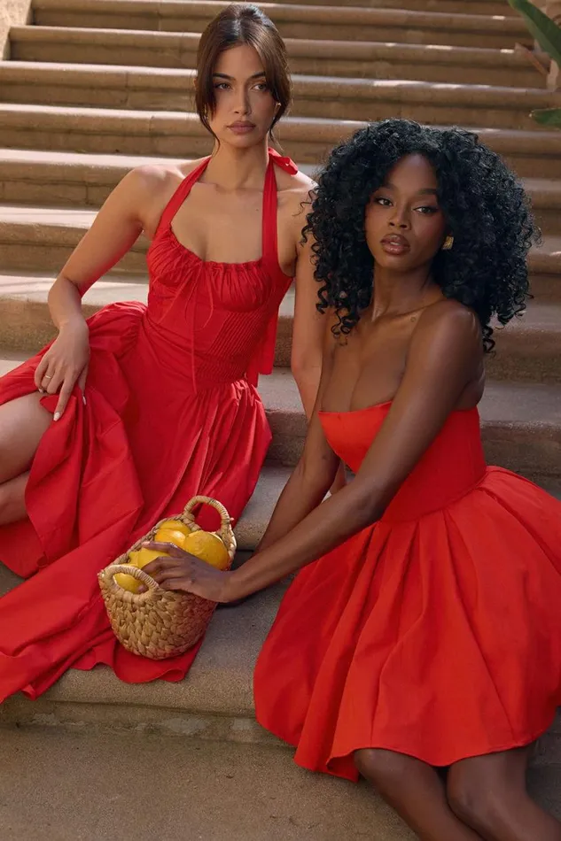 Women Emmanuela Italian Tomato Strapless Pleated Mini Dress House Of CB Dresses Women Emmanuela Italian Tomato Strapless Pleated Mini Dress House Of CB Dresses