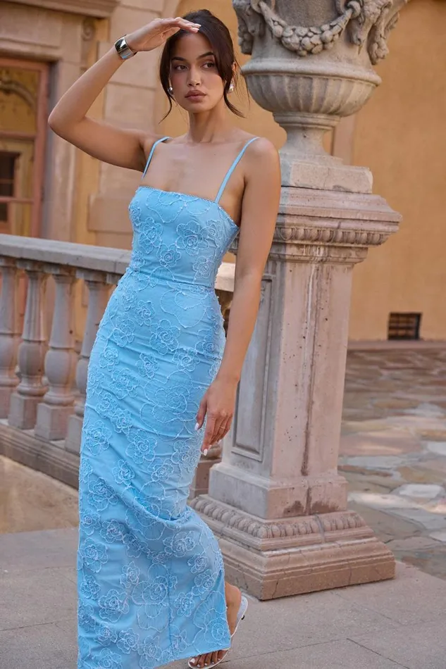 Women Eva Tuscan Blue Embroidered Floral Maxi Dress House Of CB Dresses