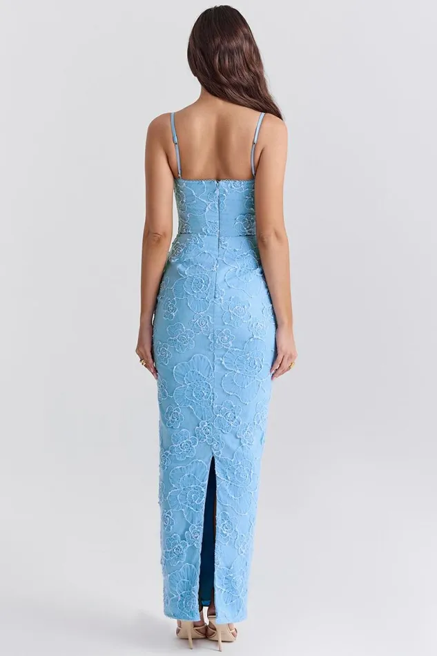 Women Eva Tuscan Blue Embroidered Floral Maxi Dress House Of CB Dresses Women Eva Tuscan Blue Embroidered Floral Maxi Dress House Of CB Dresses