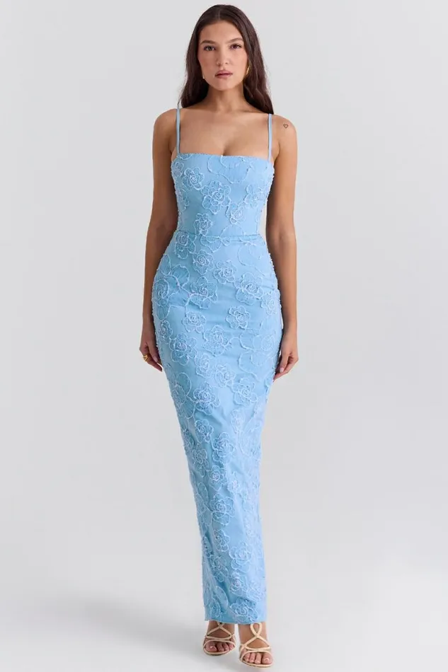 Women Eva Tuscan Blue Embroidered Floral Maxi Dress House Of CB Dresses Women Eva Tuscan Blue Embroidered Floral Maxi Dress House Of CB Dresses