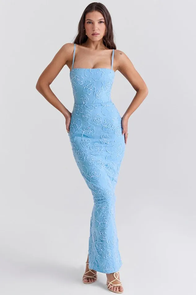 Women Eva Tuscan Blue Embroidered Floral Maxi Dress House Of CB Dresses Women Eva Tuscan Blue Embroidered Floral Maxi Dress House Of CB Dresses