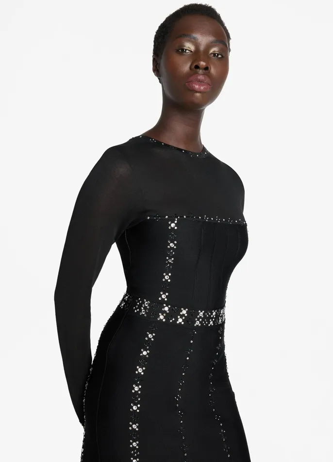 Women Evening Gowns St John Long Sleeve Studded Gown Black Women Evening Gowns St John Long Sleeve Studded Gown Black