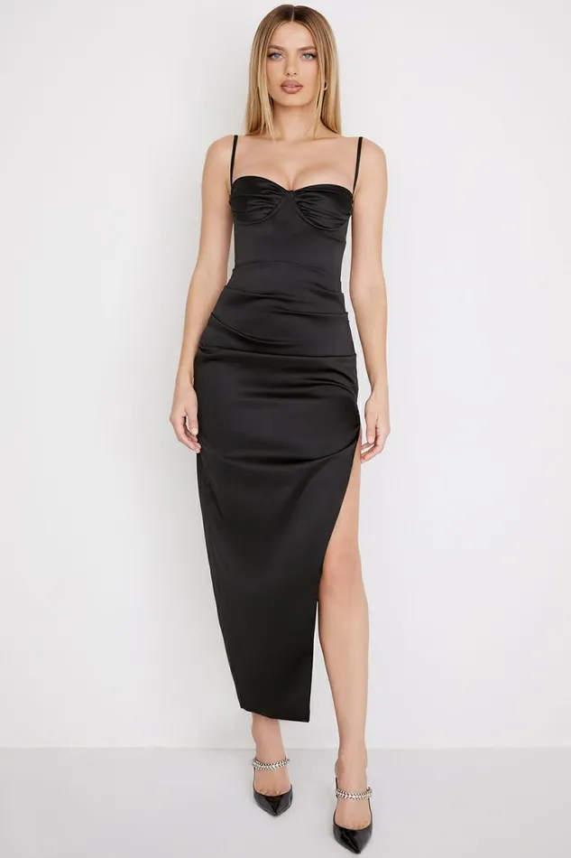 Women Flora Black Satin Pleated Corset Midi Dress House Of CB Dresses Women Flora Black Satin Pleated Corset Midi Dress House Of CB Dresses