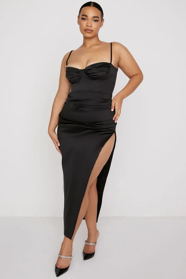 Women Flora Black Satin Pleated Corset Midi Dress House Of CB Dresses Women Flora Black Satin Pleated Corset Midi Dress House Of CB Dresses