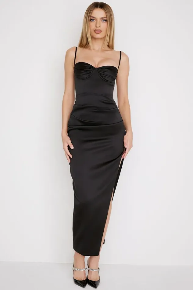 Women Flora Black Satin Pleated Corset Midi Dress House Of CB Dresses Women Flora Black Satin Pleated Corset Midi Dress House Of CB Dresses
