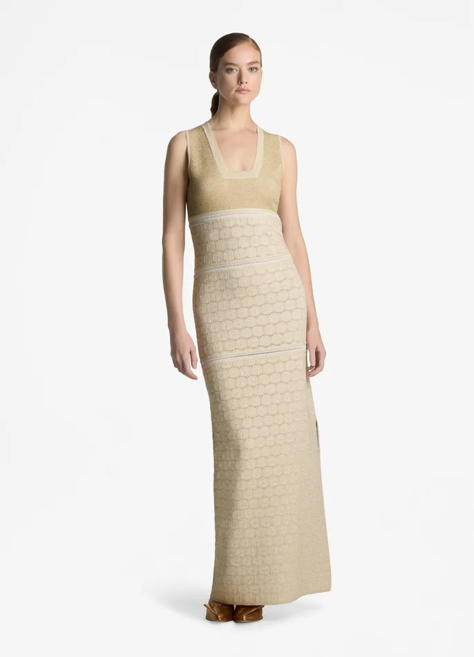 Women Formal and Evening Wear St John Lurex Pointelle Knit Gown Ecrugold Lurex Multi Women Formal and Evening Wear St John Lurex Pointelle Knit Gown Ecrugold Lurex Multi