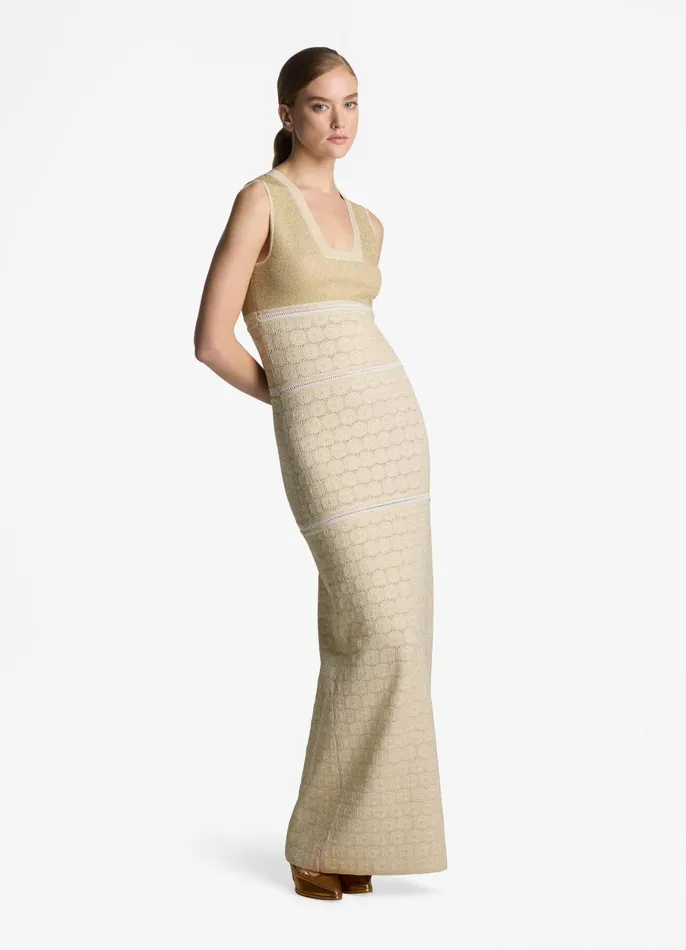 Women Formal and Evening Wear St John Lurex Pointelle Knit Gown Ecrugold Lurex Multi Women Formal and Evening Wear St John Lurex Pointelle Knit Gown Ecrugold Lurex Multi
